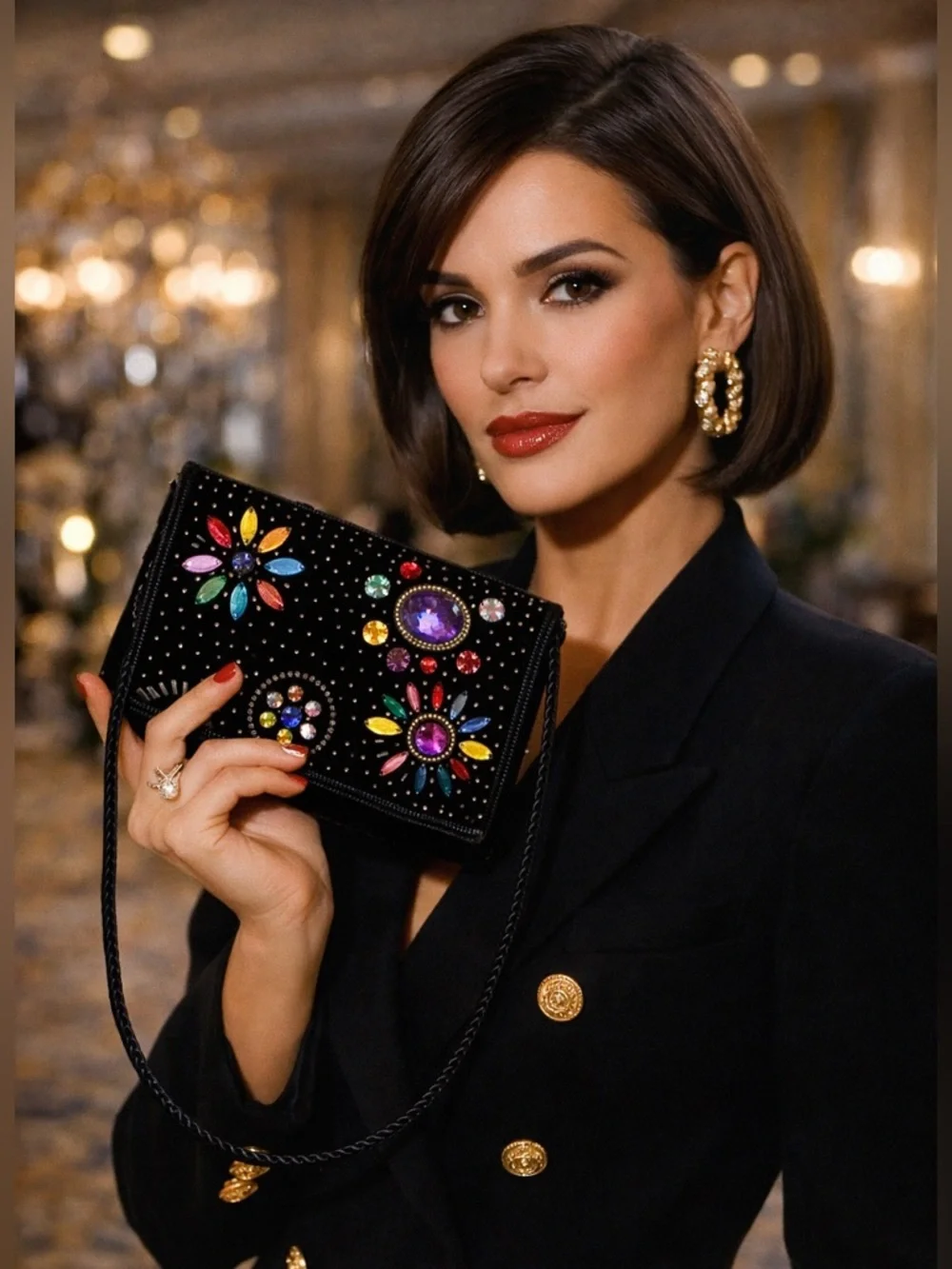 Vintage Caroline Barton Beaded Evening Clutch Black Velvet Rhinestone Bag